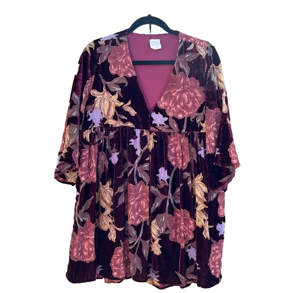 By Together Whimsigoth Burgundy Floral Velvet Burnout Babydoll Dress Size Small